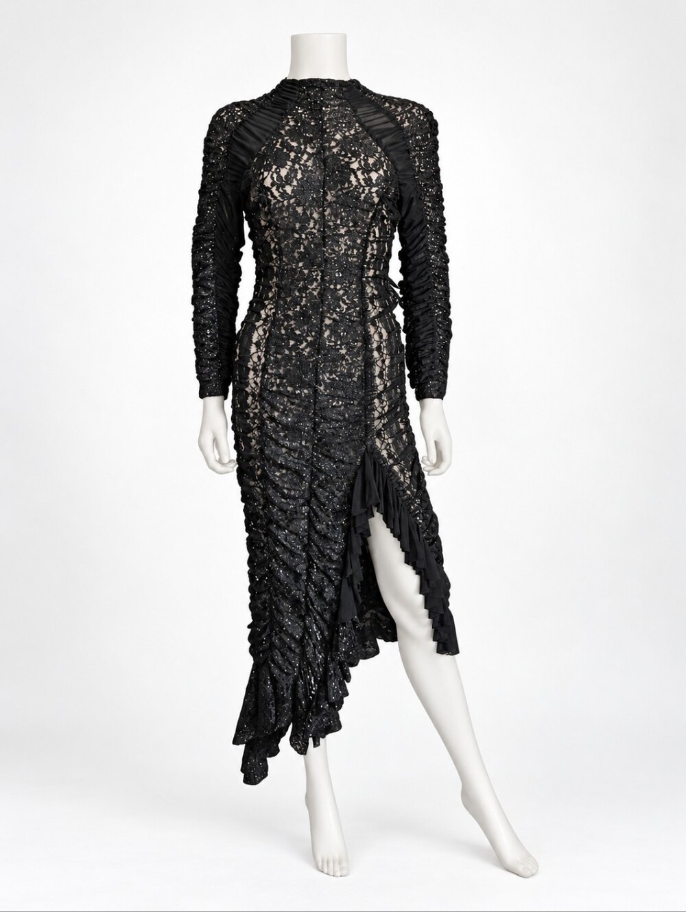 ESTER MANAS | FW23 Runway Look 15 Black Sheer Lace Ruched Ruffle Dress Size 1 XS